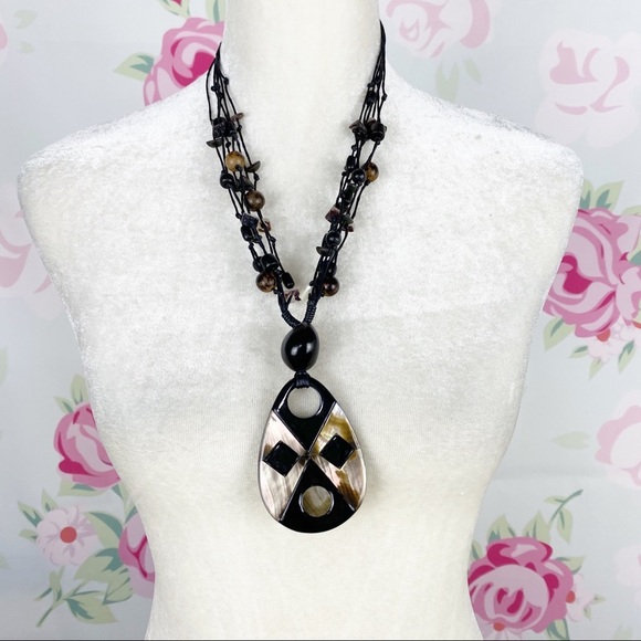Bohemian Boho Black Wood Shell Statement Necklace - Picture 2 of 9